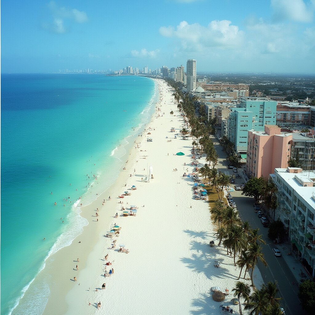 Aerial view of South Beach shoreline with turquoise waters, sunbathers, palm trees, Miami skyline and small boats in the distance.