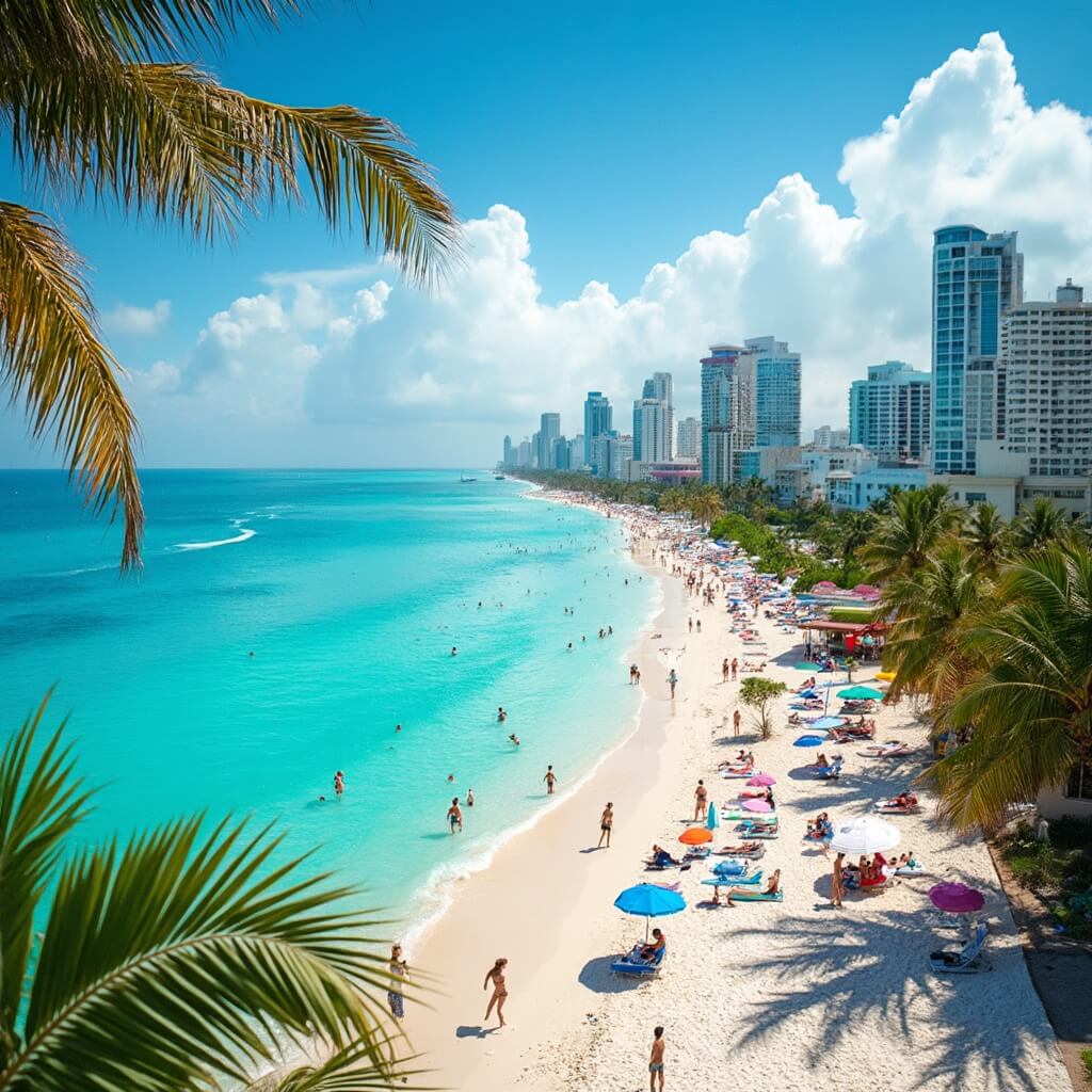 Sun-drenched South Beach panorama with turquoise waters, white sand beaches, colorful umbrellas, loungers, pastel Art Deco buildings, palm trees, beachgoers, and a brilliant blue sky