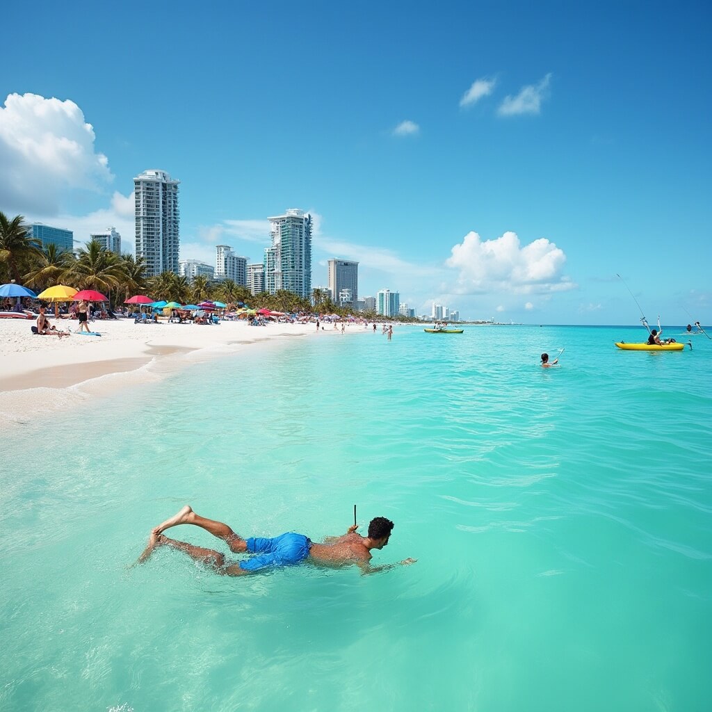 Snorkeler in shallow turquoise waters at a serene South Beach, with paddleboarders in the distance, colorful beach umbrellas on white sand, and Miami skyline in the background during January.