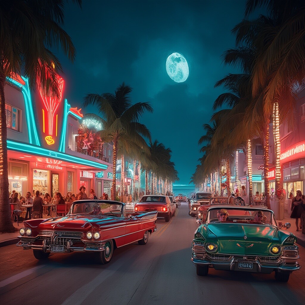 Neon-lit Art Deco hotels and bustling street cafes on South Beach's Ocean Drive at night with vintage cars, palm trees, dining people, and a distant rooftop bar under a moonlit ocean view.