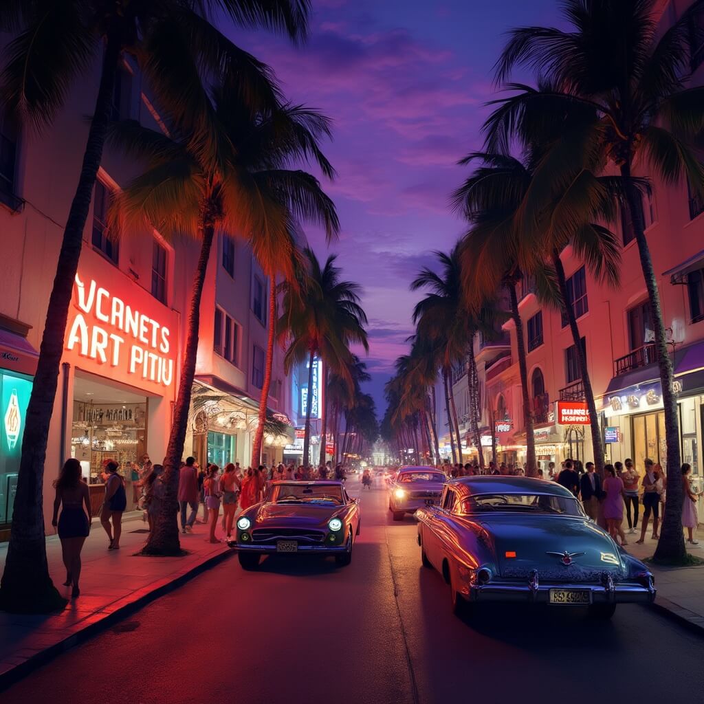 Vibrant nightlife in South Beach with neon-lit Art Deco hotels, people socializing outside trendy clubs, vintage cars cruising on Ocean Drive, and palm tree silhouettes against a deep purple twilight sky.