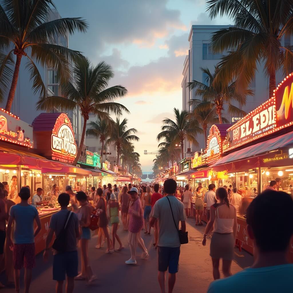 Crowd enjoying South Beach Seafood Festival with colorful food stalls and palm trees under warm evening light, depicting a bustling culinary carnival atmosphere in high definition photorealistic style