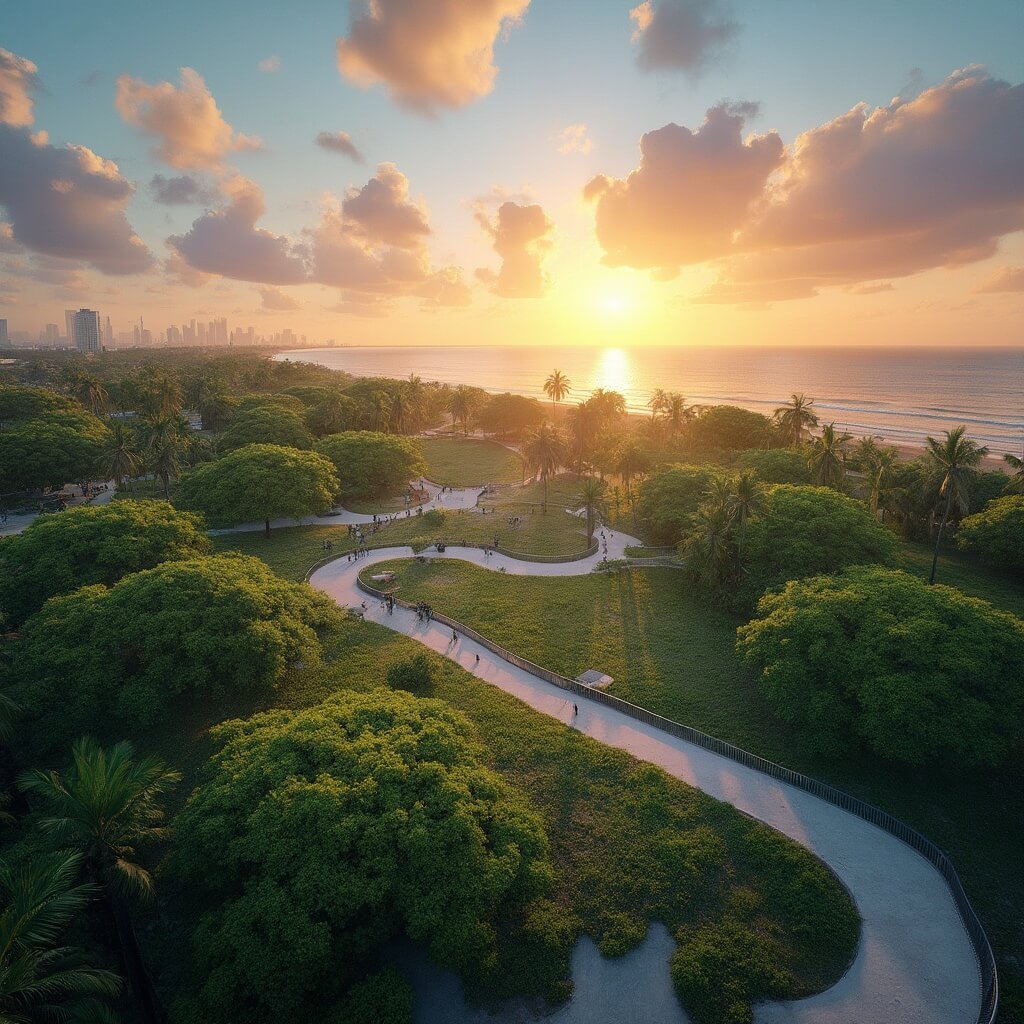 Breathtaking sunset at South Pointe Park with sweeping ocean view, meticulously landscaped greenery, modern urban walkways, dramatic sky in orange and blue tones, distant silhouette of Miami skyline, and detailed tropical vegetation and coastal environment.