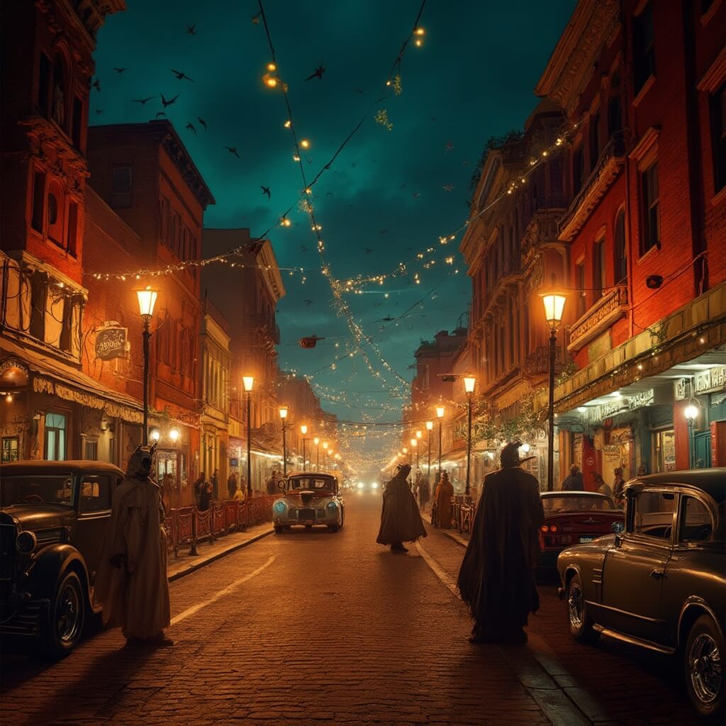 Halloween night in Ybor City featuring vintage architecture, glowing streetlamps, costumed people, red brick buildings, parked vintage cars and a rich cultural atmosphere with a mysterious vibe.