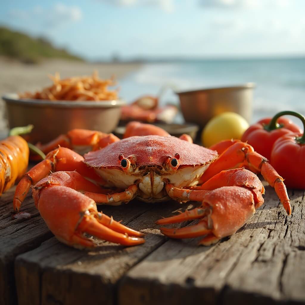 Close-up of fresh stone crab on rustic table with seafood ingredients, beach and Kennedy Space Center in background