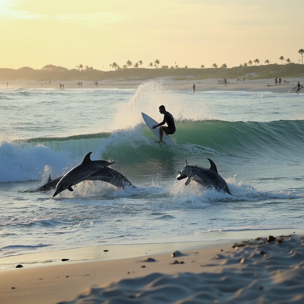 Surfer riding a wave at sunrise at Cocoa Beach in November, with dolphins leaping nearby and a few spectators on the shore.