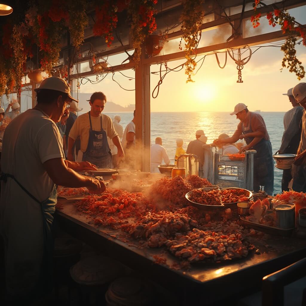 Oceanfront restaurant at sunset with fresh seafood being prepared, fishermen bringing in the day's catch, and the view of the ocean visible through the windows, illustrating a vibrant maritime culinary scene with no people's faces visible