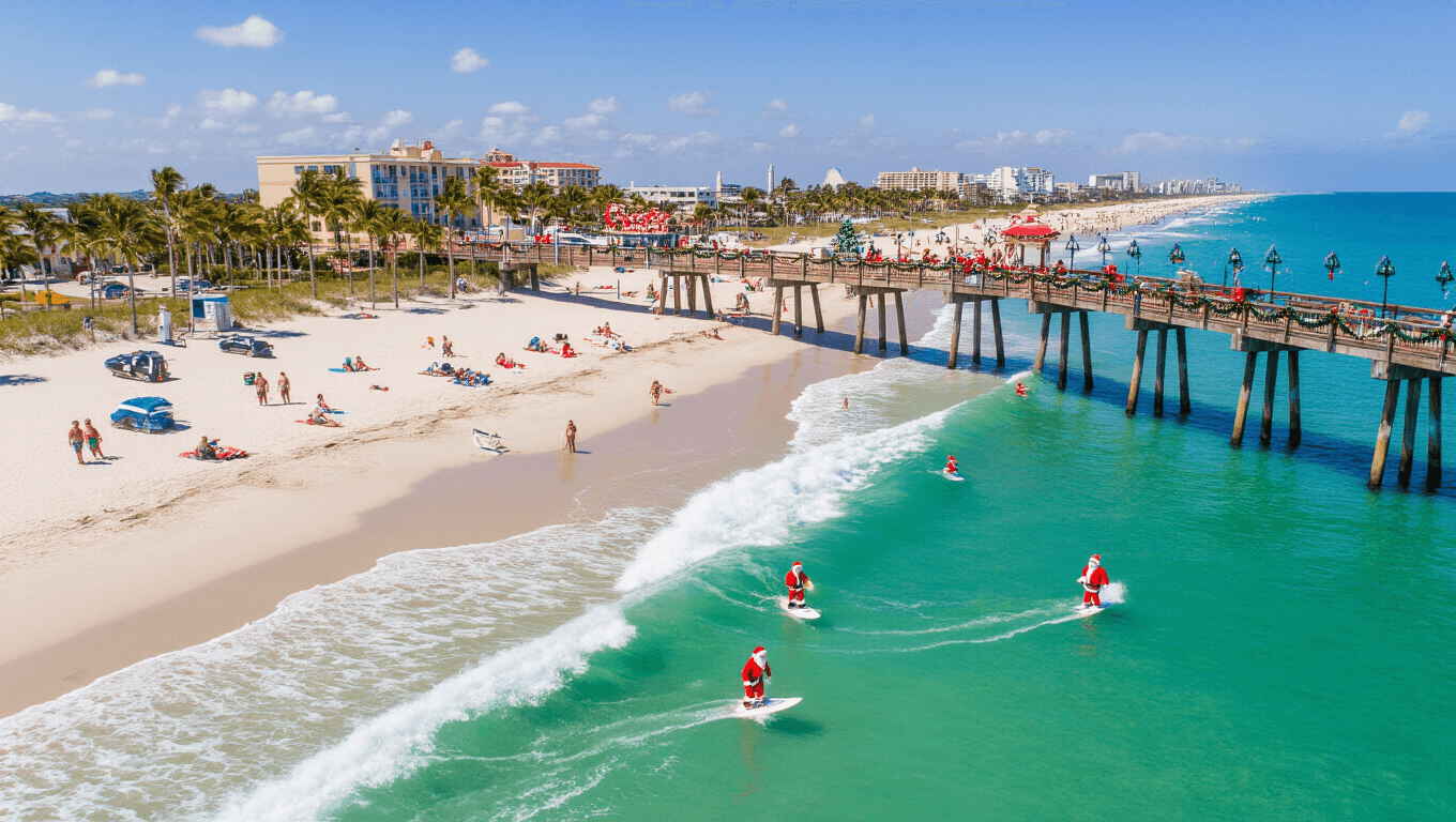 "Surfers dressed as Santa Claus riding waves near the decorated Cocoa Beach Pier, with holiday beachgoers, adorned palm trees, and lit boats in the background, under the warm winter sun in Cocoa Beach, Florida."