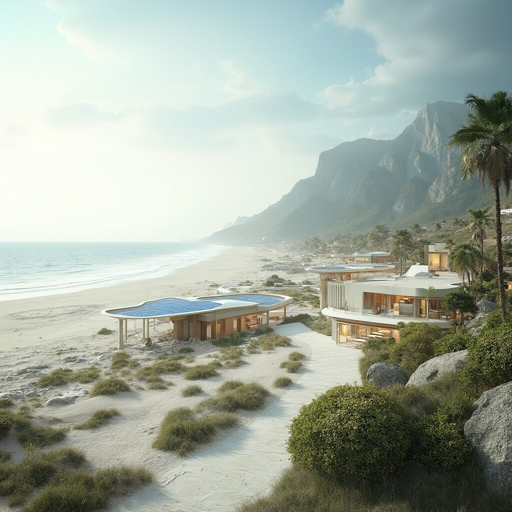Futuristic sustainable beach landscape featuring advanced eco-friendly infrastructure, solar-powered amenities, and modern conservation area with native plants, complemented by minimalistic design and technology elements, illuminated by soft natural light.