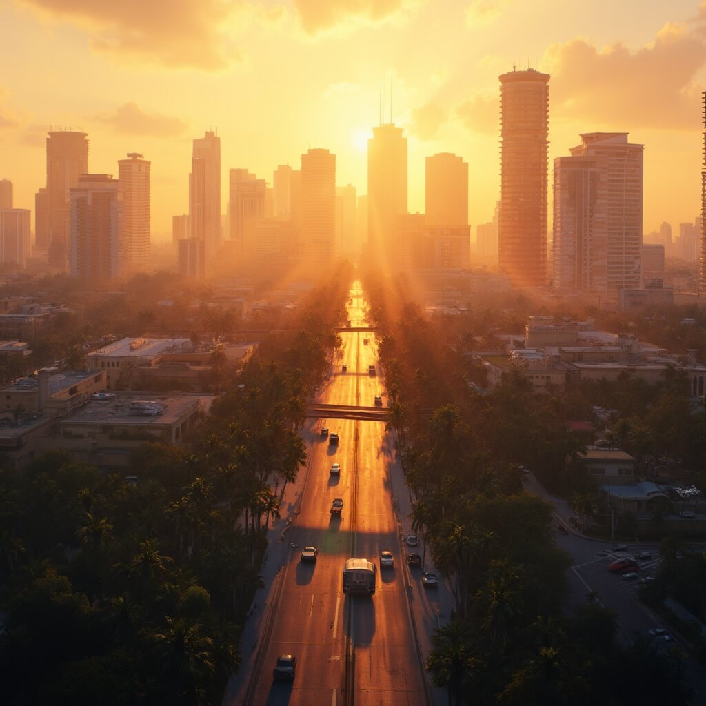 Aerial view of Tampa city skyline at golden hour, sun casting long shadows on modern buildings and palm trees, with warm orange and yellow hues