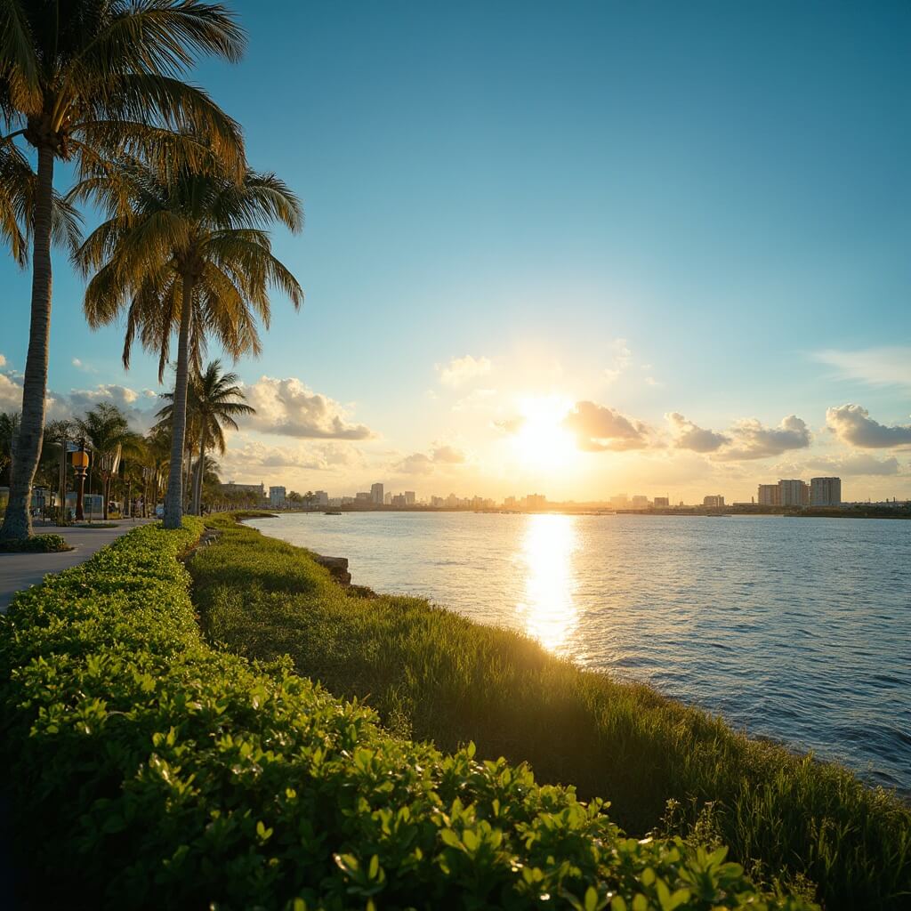 Sunset view of Tampa Bay with clear blue skies, sunlight reflecting off water, swaying palm trees and lush greenery in the forefront, distant cityscape in background, creating a peaceful and inviting atmosphere.