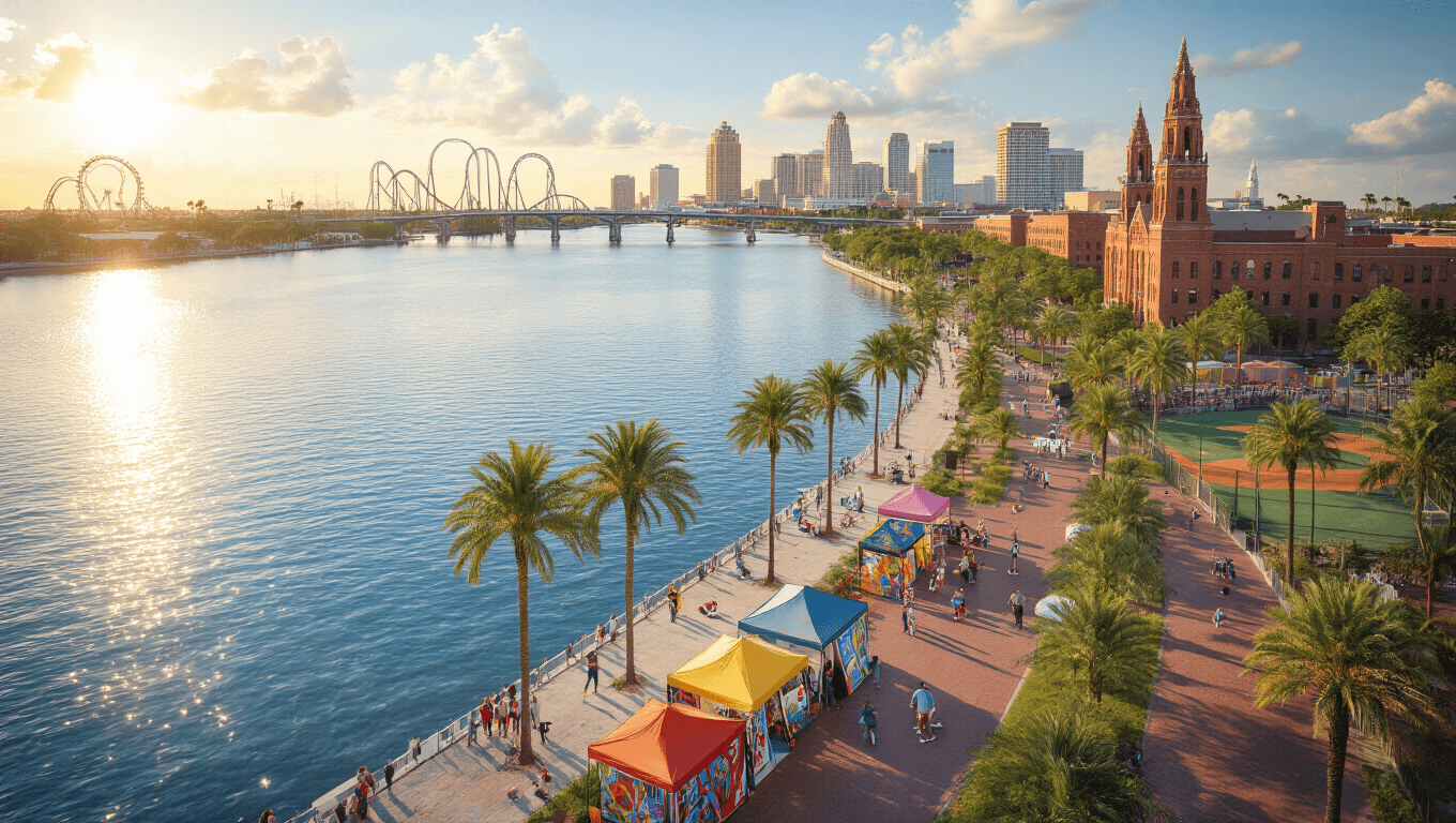 "Aerial view of Tampa's downtown waterfront featuring the Riverwalk, University of Tampa, Gasparilla Arts Festival, Busch Gardens, a spring training facility, and Ybor City on a sunny March day."