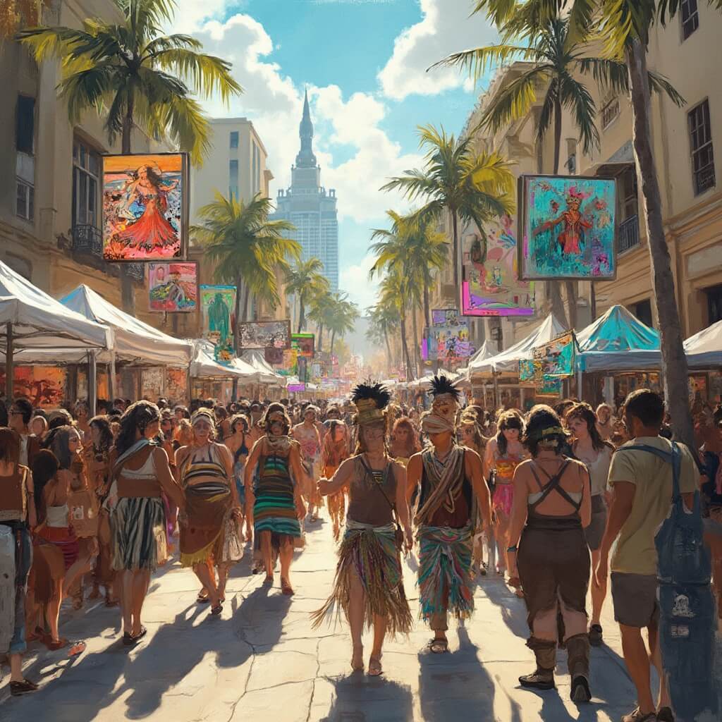 Diverse crowd enjoying the vibrant and energetic Gasparilla Festival of the Arts on a sunny day, with colorful art displays, street performers, and the historic urban landscape of Tampa in the background