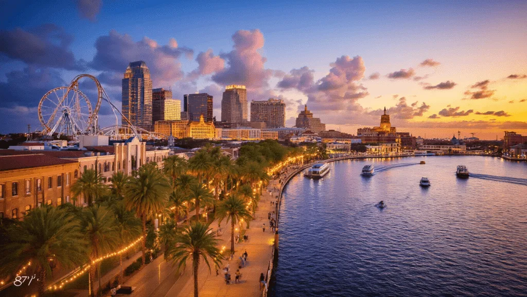 Tampa in May: Your Ultimate Insider's Guide to Sun, Fun, and Unforgettable Adventures "Aerial view of Tampa cityscape during golden hour, with illuminated Riverwalk, palm trees, boats on Tampa Bay, roller coasters from Busch Gardens and historic buildings of Ybor City, temperature gauge indicating 87°F"