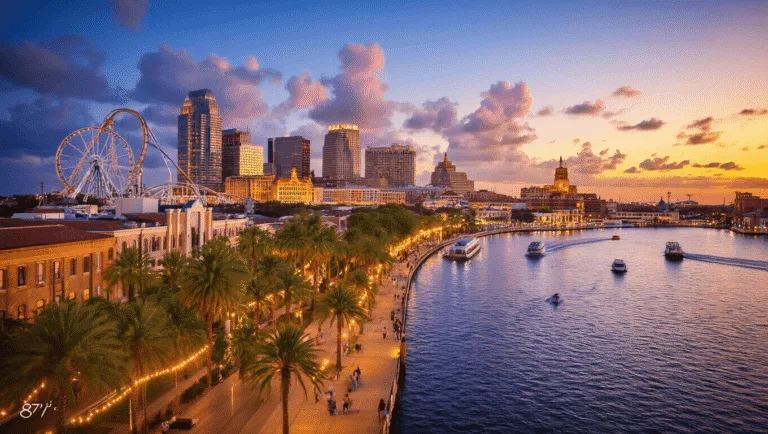"Aerial view of Tampa cityscape during golden hour, with illuminated Riverwalk, palm trees, boats on Tampa Bay, roller coasters from Busch Gardens and historic buildings of Ybor City, temperature gauge indicating 87°F"