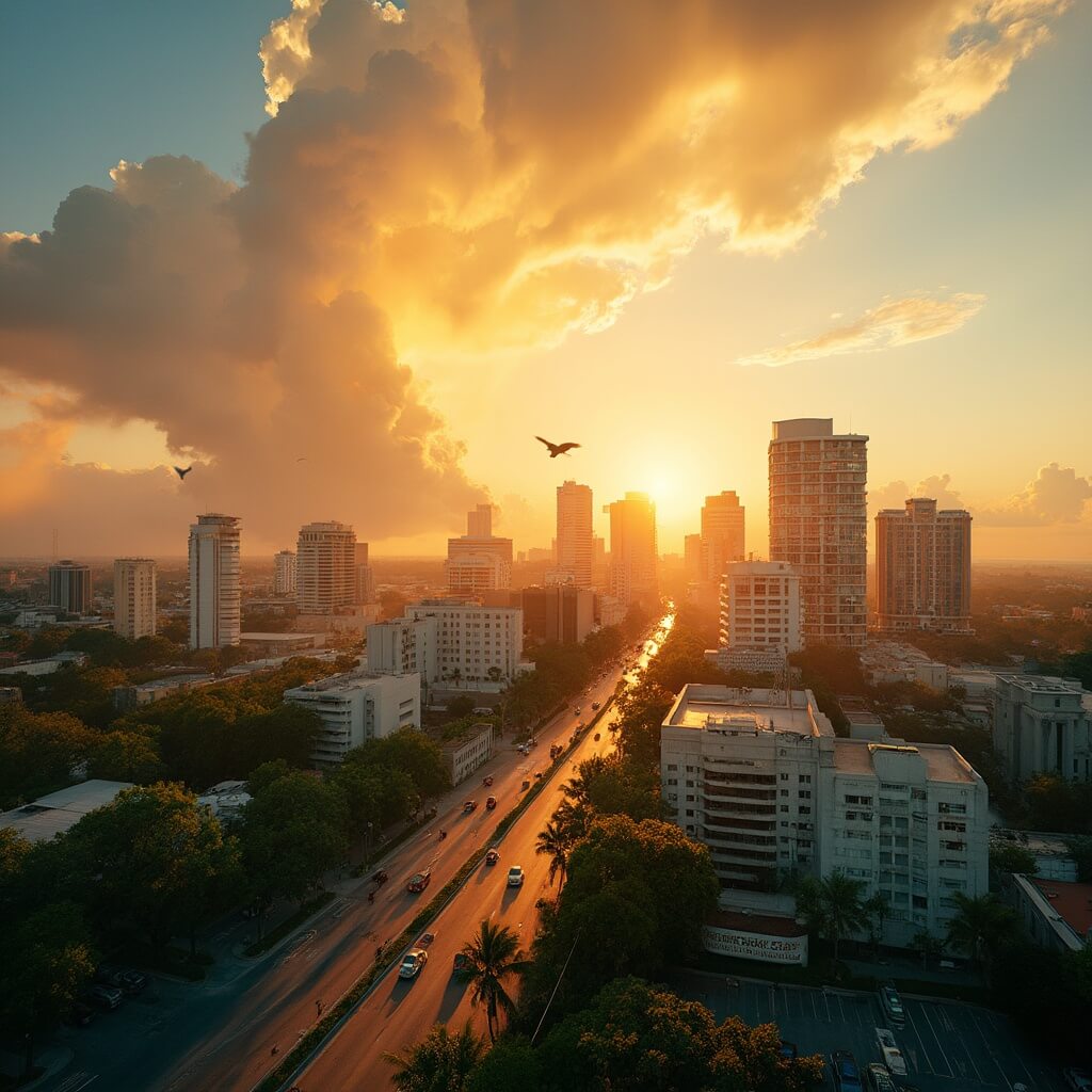 Golden sunset over Tampa cityscape with thunderclouds building, heat waves rising from streets, and lush tropical vegetation framing the view