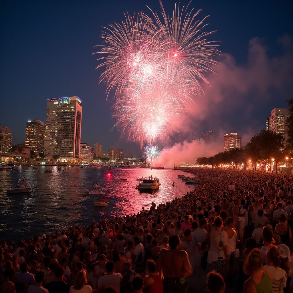 Multicultural crowd celebrating Independence Day at Armature Works in Tampa with fireworks over downtown, people in patriotic attire, lively waterfront scene with boats