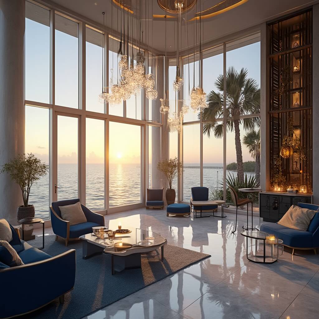 Luxurious Tampa Bay waterfront hotel lobby at sunset with panoramic views, modern elegant blue and cream furniture, crystal chandeliers, polished marble floors reflecting golden light, and palm trees visible through floor-to-ceiling windows
