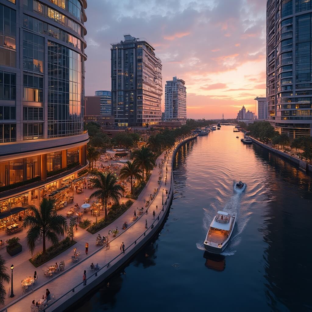 Aerial view of Tampa Riverwalk at sunset with path illuminated by LED lights, skyscrapers reflecting sky colors, boats on Hillsborough River, people dining outdoors, mix of contemporary architecture and nature, and palm tree silhouettes against twilight sky