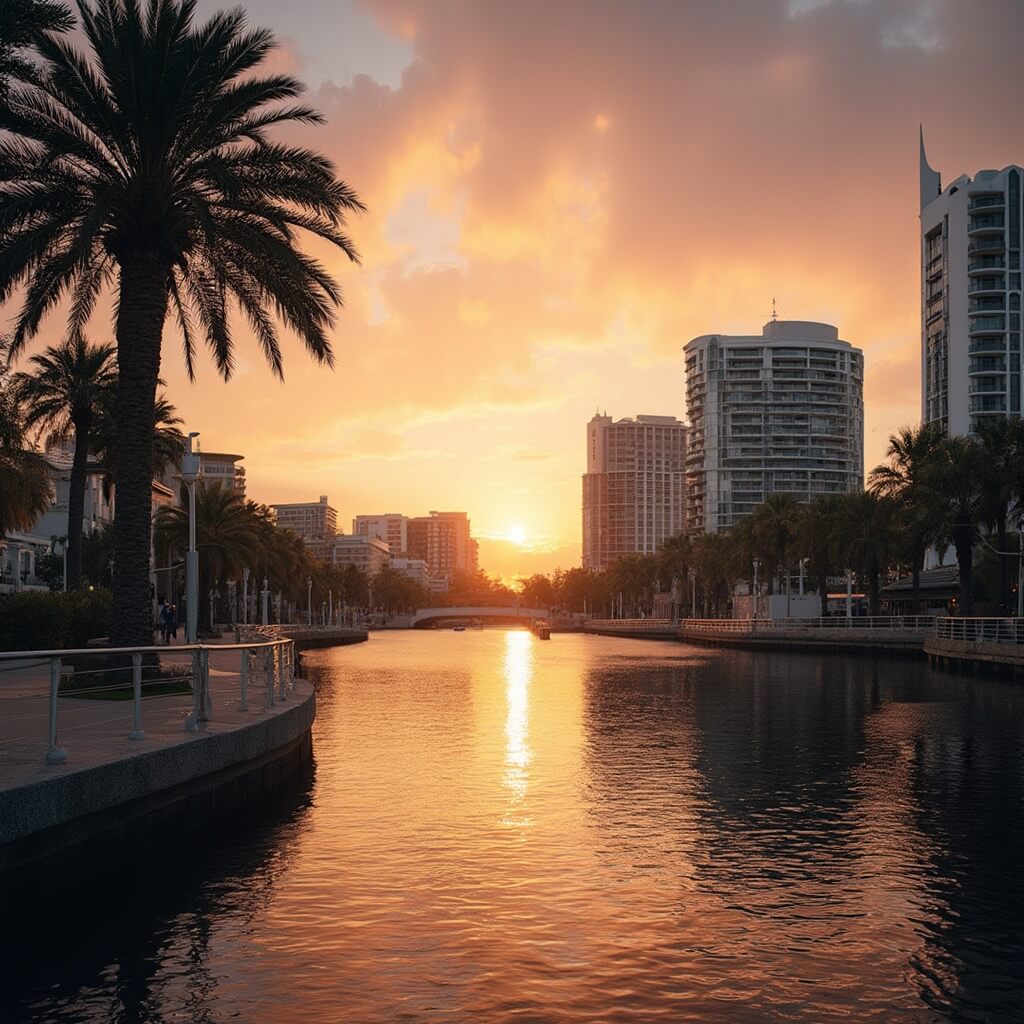 Golden sunset over Tampa Riverwalk with reflective modern buildings, silhouetted palm trees, boats on calm water, and active joggers and cyclists on waterfront path with downtown Tampa architecture in the background