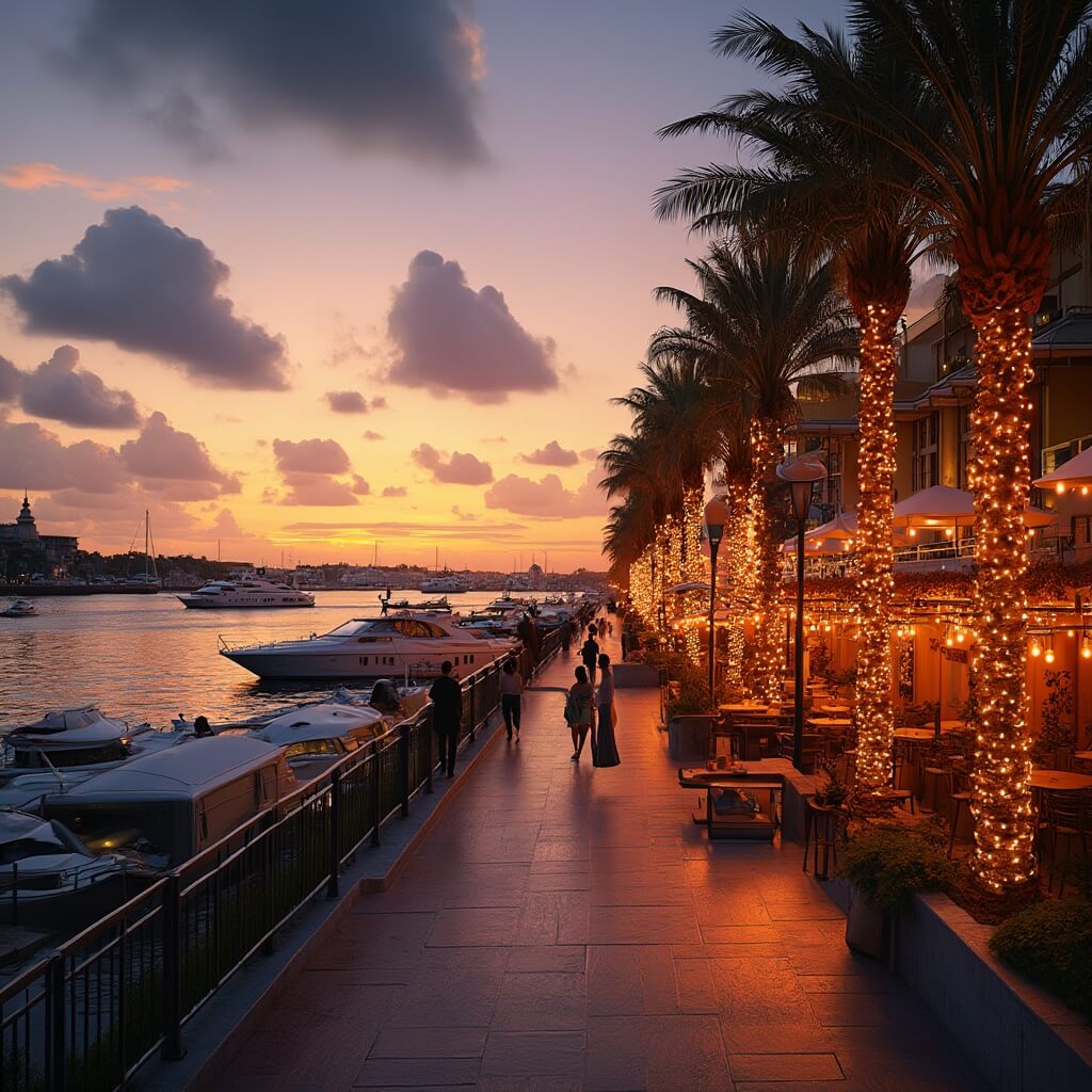 Sunset view of Tampa Riverwalk in December with palm trees adorned in holiday lights reflected in the calm water, waterfront restaurants, couples walking, luxury boats in the marina, under an orange and purple sky during golden hour
