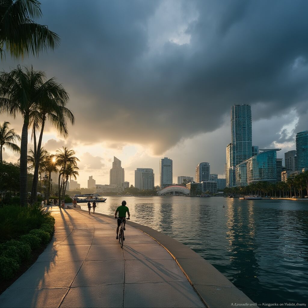🌞 Sweating it Out: Your Ultimate Guide to Tampa in June Dramatic scene of Tampa Riverwalk during summer storm approach with skyscrapers partially obscured by storm clouds, the golden hour sun creating reflections on water, and locals jogging and cycling.