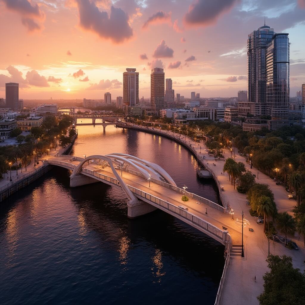"Aerial sunset view of Tampa's Riverwalk, Hillsborough River reflecting warm sky colors, illuminated bridges, palm trees, and modern skyline backdrop"