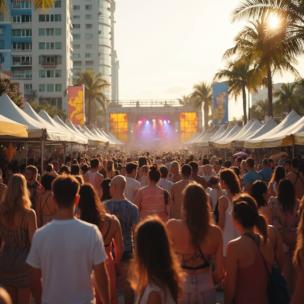 🌞 Sweating it Out: Your Ultimate Guide to Tampa in June Diverse crowd enjoying live music at a bustling summer festival in Tampa, with colorful event tents, people in summer clothing, dynamic shadows from bright sunlight, Riverwalk waterfront view, and warm atmospheric lighting capturing June's festive spirit