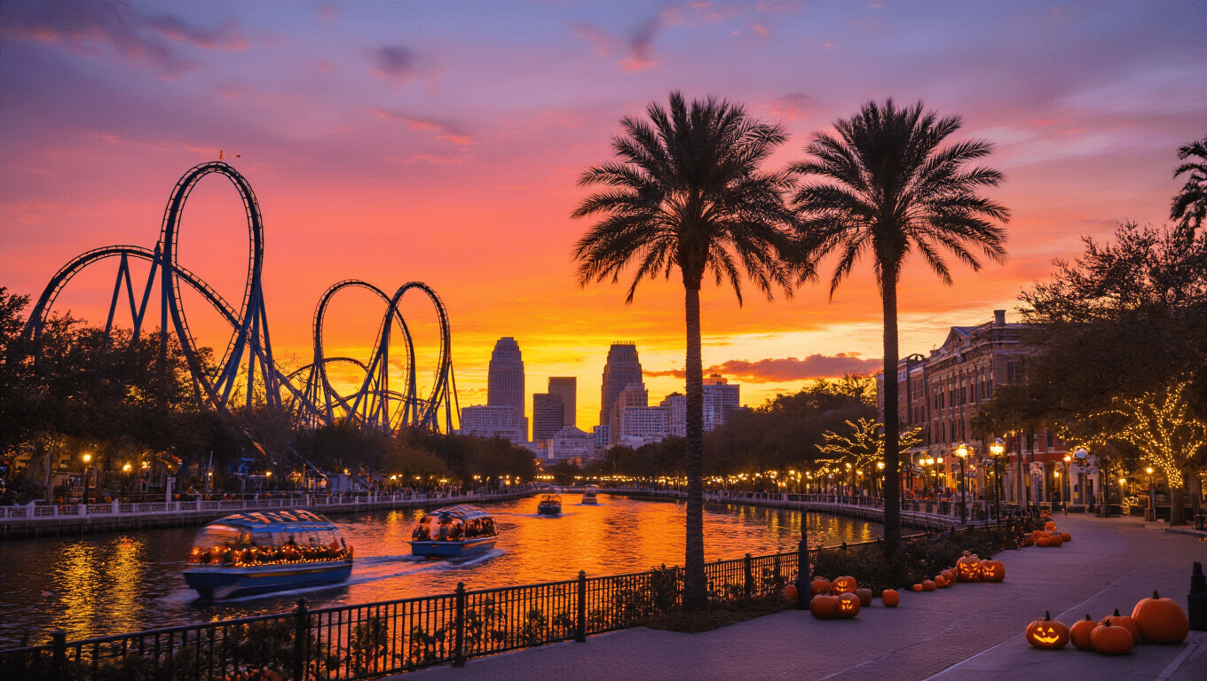"October sunset over Tampa cityscape with Busch Gardens' roller coasters silhouetted against the sky, palm trees, pumpkins, Tampa Riverwalk with Halloween-themed boats, and Ybor City's historic buildings illuminated by string lights."
