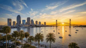 Tropical Paradise Awaits: Why Tampa in February is Your Ultimate Winter Escape "Aerial view of Tampa's skyline and waterfront at sunset, featuring palm trees, pleasure boats in Tampa Bay, Sunshine Skyway Bridge, Busch Gardens' roller coasters, Riverwalk activity and outdoor cafes."