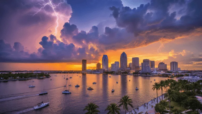 "Aerial sunset view of Tampa cityscape reflecting on Hillsborough Bay, featuring thunderclouds, lightning, boats, Riverwalk, palm trees, and University of Tampa's iconic minarets"