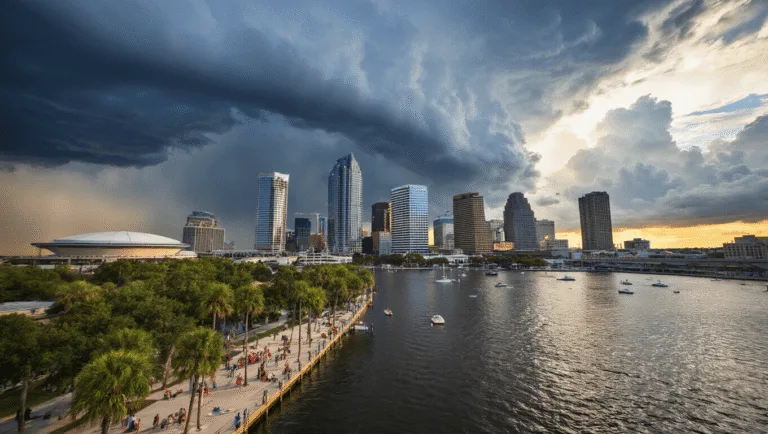 "Aerial view of Tampa's skyline under dark thunderclouds, with golden sunlight peaking through, people seeking shade by Riverwalk, boats in the harbour, and Amalie Arena's architecture, with distant lightning and reflective water surface"