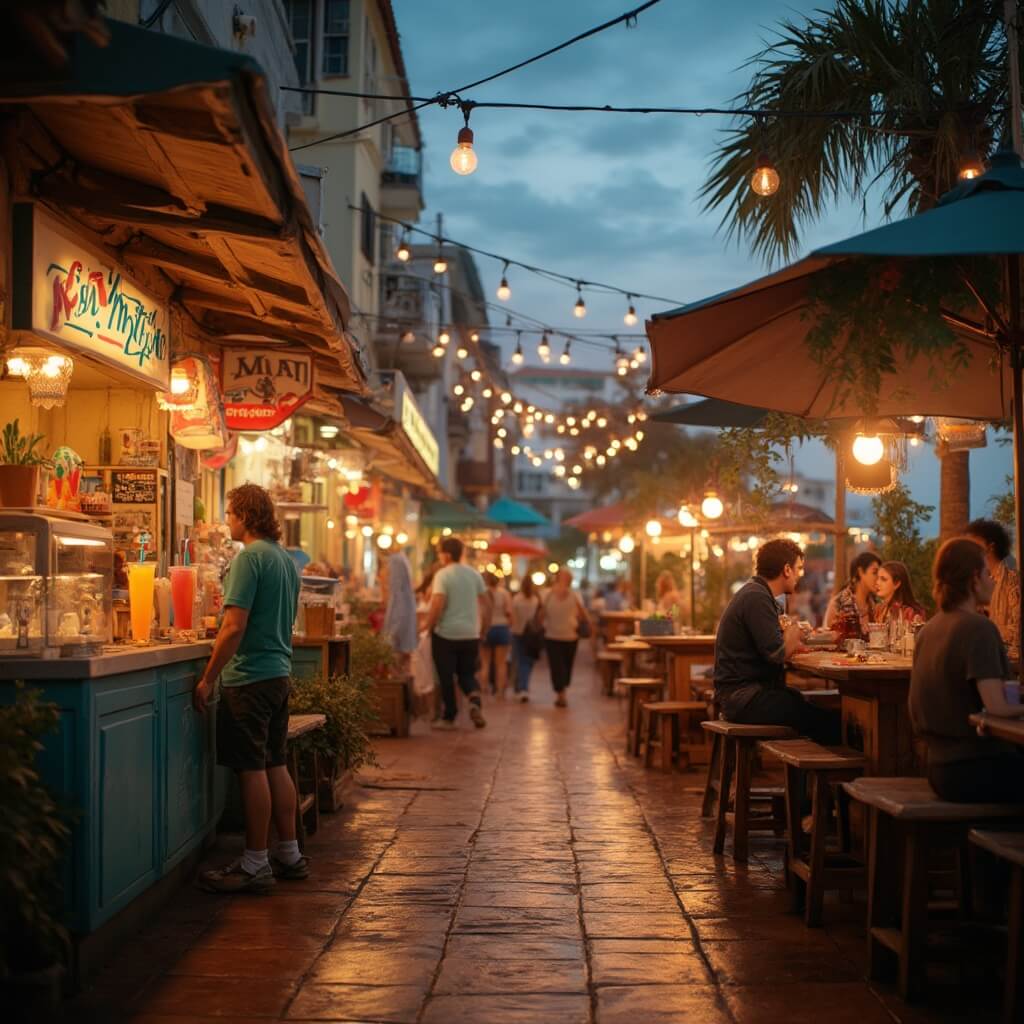 Street-level view of a lively Tampa outdoor market at twilight with warm Edison bulb lighting, vendor stalls selling tropical fruit smoothies and artisan ice cream, fresh seafood displays, vintage wooden tables, and diners under cooling sprayers.