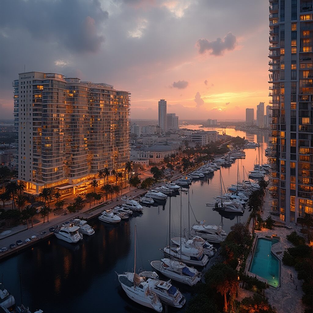 Dusk cityscape of Tampa waterfront with high-rise hotels, illuminated rooftop pools, yacht marina, and swaying palm trees, reflecting the golden sunset