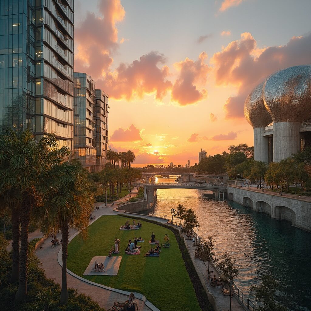 A vibrant sunset at Curtis Hixon Waterfront Park in Tampa with glass buildings reflecting colorful sky, palm trees, Hillsborough River, people relaxing in the park, and the Tampa Museum of Art in the background