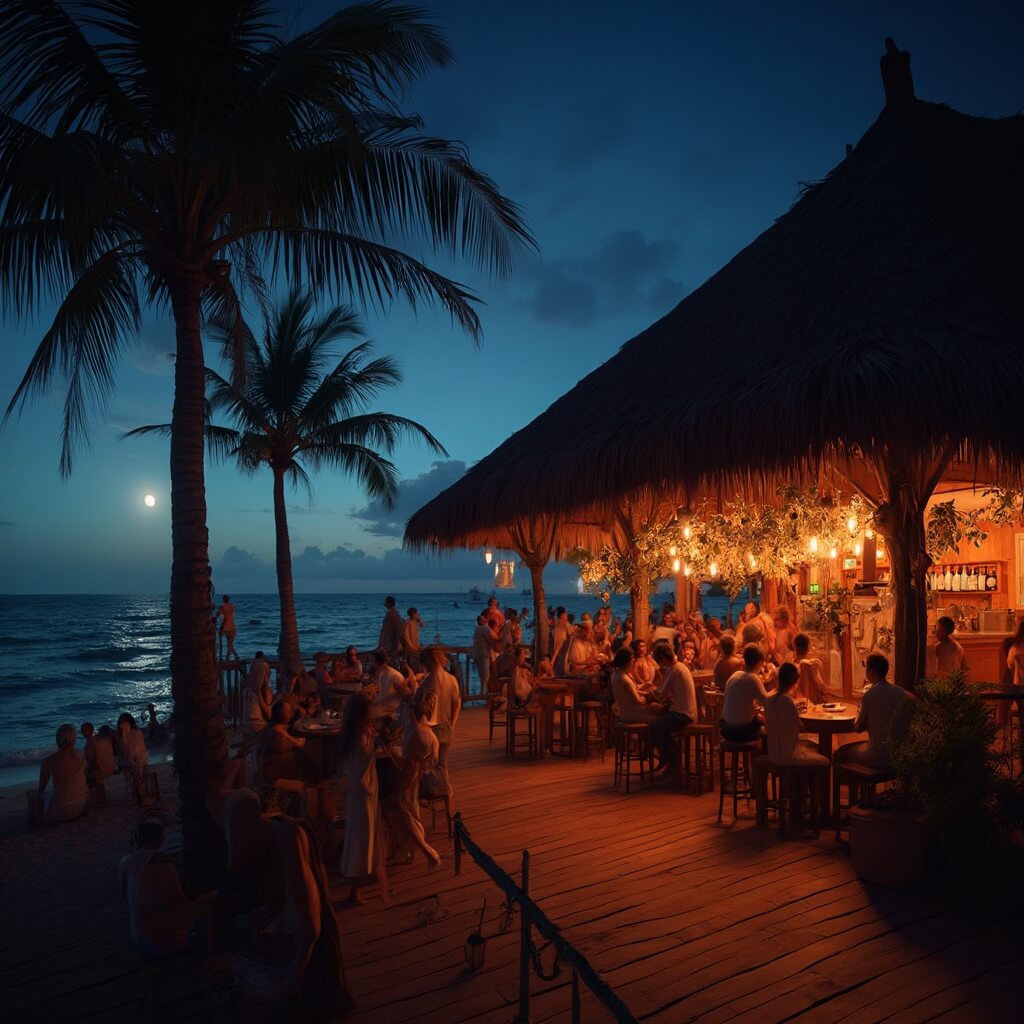 Reggae band performing at lively beachside bar with a tiki-style wooden deck, under moonlit night sky silhouetting palm trees, with relaxed crowd dancing and ocean waves in the background.