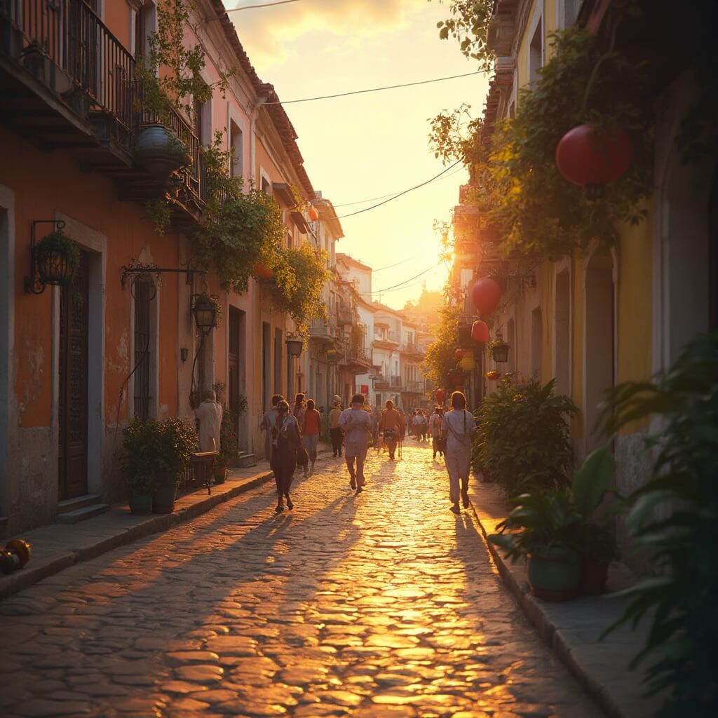 Cobblestone street in Española Way during golden hour highlighting pastel-colored European-style architecture, street musicians, and lush tropical vegetation