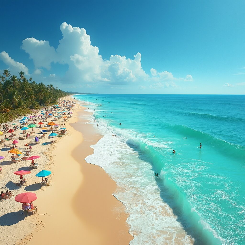 Summer afternoon at Cocoa Beach with turquoise ocean, golden sand covered in colorful beach umbrellas, surfers riding waves, people enjoying water activities, bright sunlight, tropical palm trees, and clear blue sky.