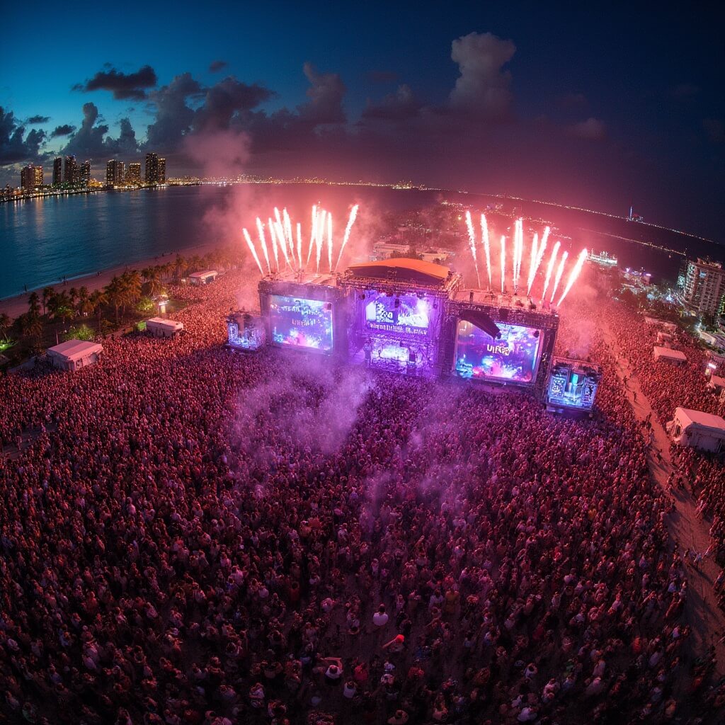 Aerial view of Ultra Music Festival in Miami with a large stage, dancing crowds, laser lights, pyrotechnics, distant city skyline and bay reflection.