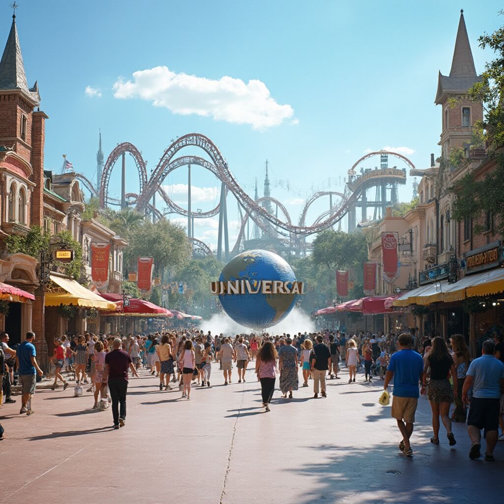 Minimal crowds enjoying a sunny day at Universal Orlando Resort with spotless pathways and roller coasters in the background during off-peak season