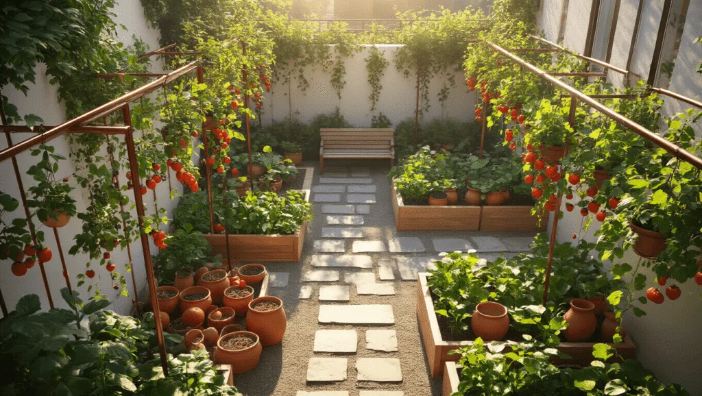 How to Create a Thriving Courtyard Vegetable Garden: Your Ultimate Urban Growing Guide Aerial view of a sunlit urban courtyard garden at golden hour, featuring vibrant vegetable and herb pots, copper trellises with ripe tomatoes, cascading strawberry plants, stone pathways, raised cedar planters, and a weathered wooden bench against whitewashed walls, with dappled light filtering through a pergola.
