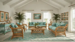 Photorealistic Florida living room with vaulted ceiling, vintage rattan furniture, palm-pattern rug, and gallery wall of postcards, bathed in golden hour light.