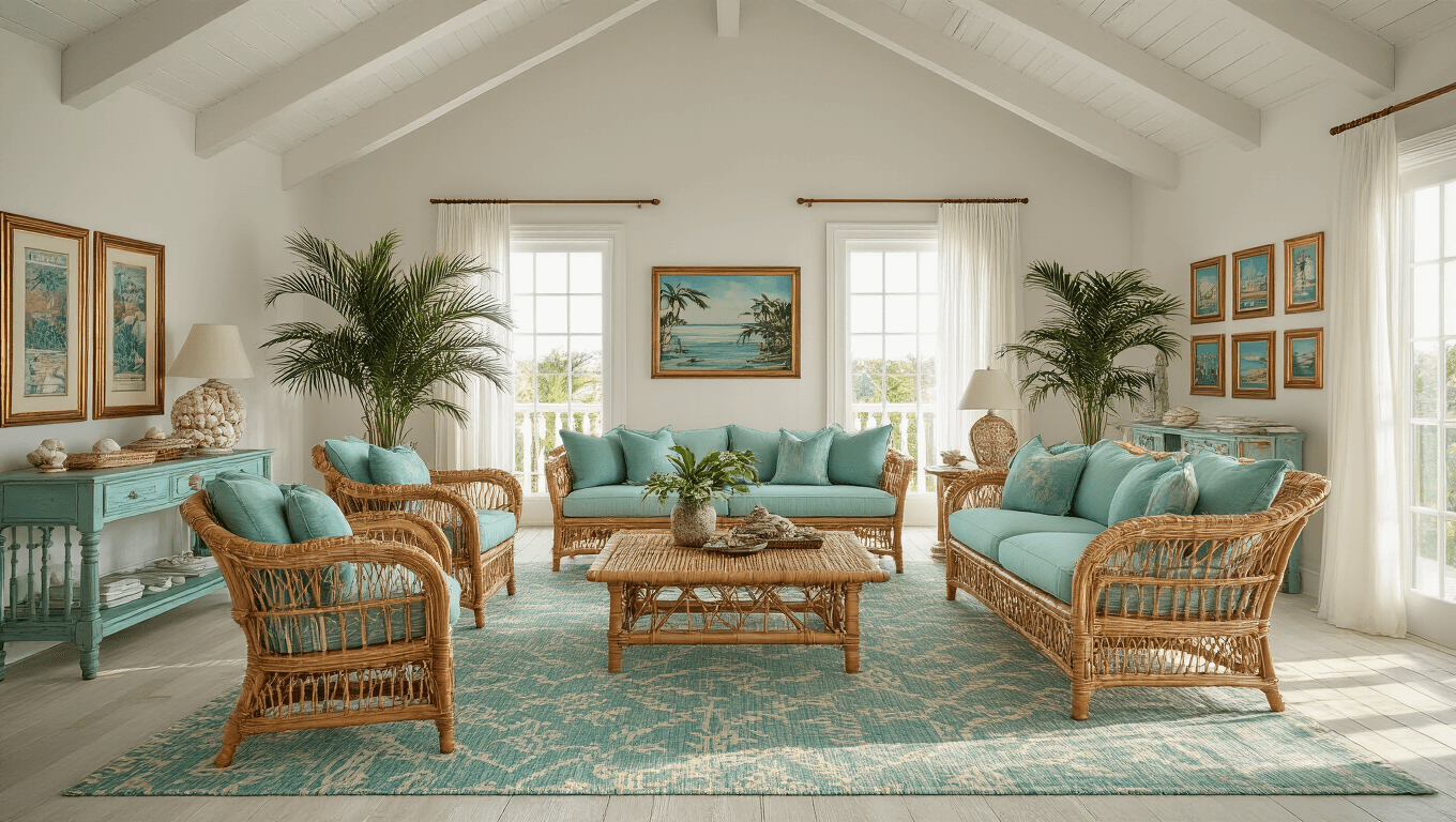 Photorealistic Florida living room with vaulted ceiling, vintage rattan furniture, palm-pattern rug, and gallery wall of postcards, bathed in golden hour light.