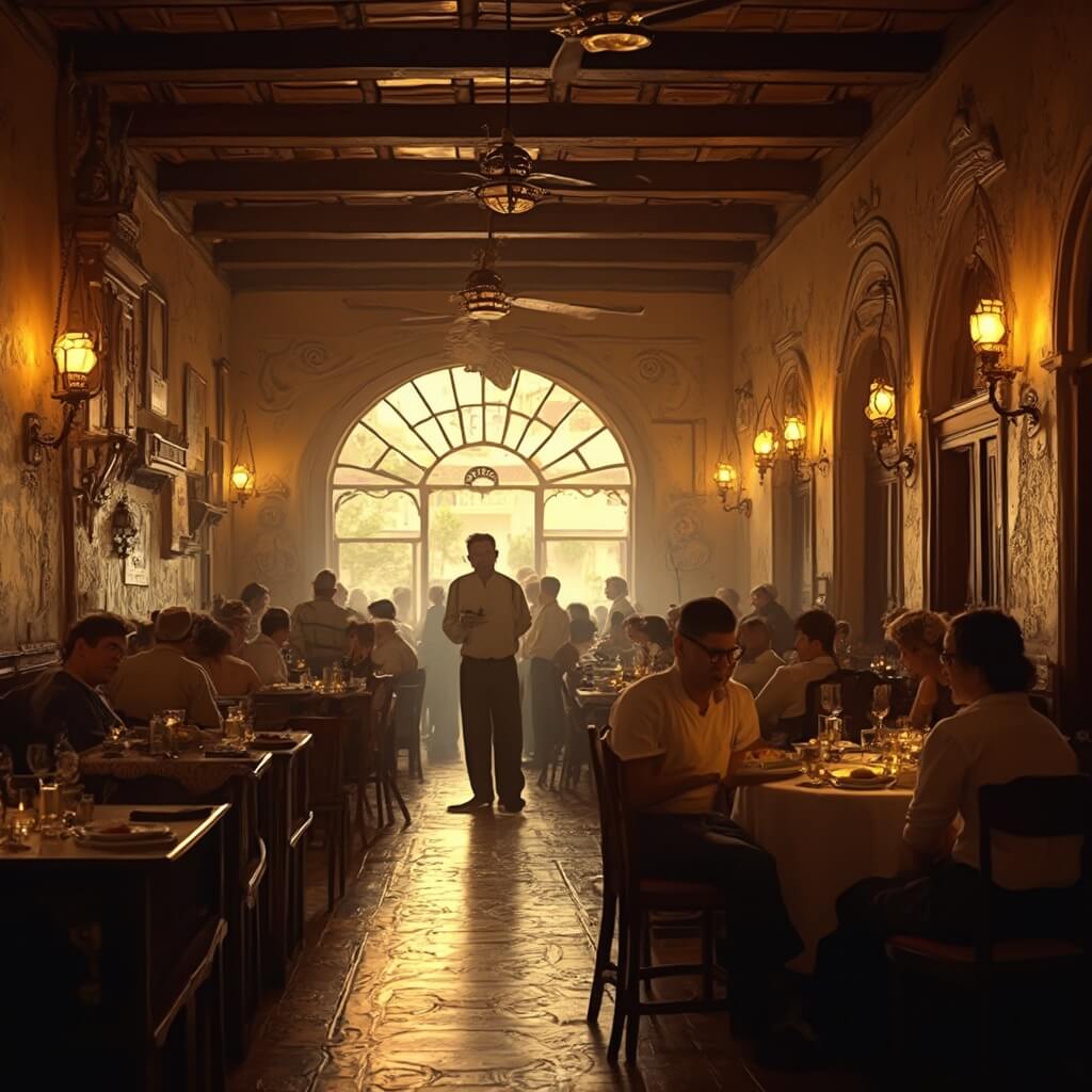 Interior of a vintage Cuban restaurant with traditional 1920s Spanish colonial architecture, ornate tilework, dark wooden furniture, and waiters serving dishes, all under warm golden lighting