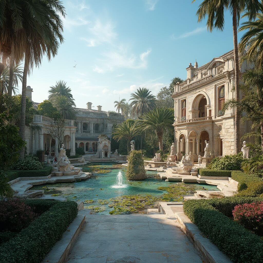 Visitors exploring Vizcaya Museum's Italian Renaissance gardens with stone fountains, classical statues, and banyan trees on a sunny November day