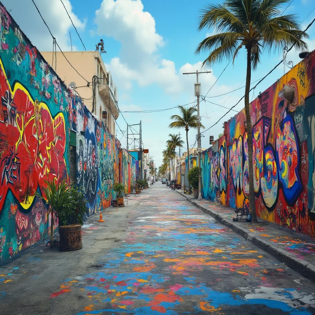 Artists creating vibrant graffiti murals in Wynwood Walls' colorful street scene with palm trees in the background