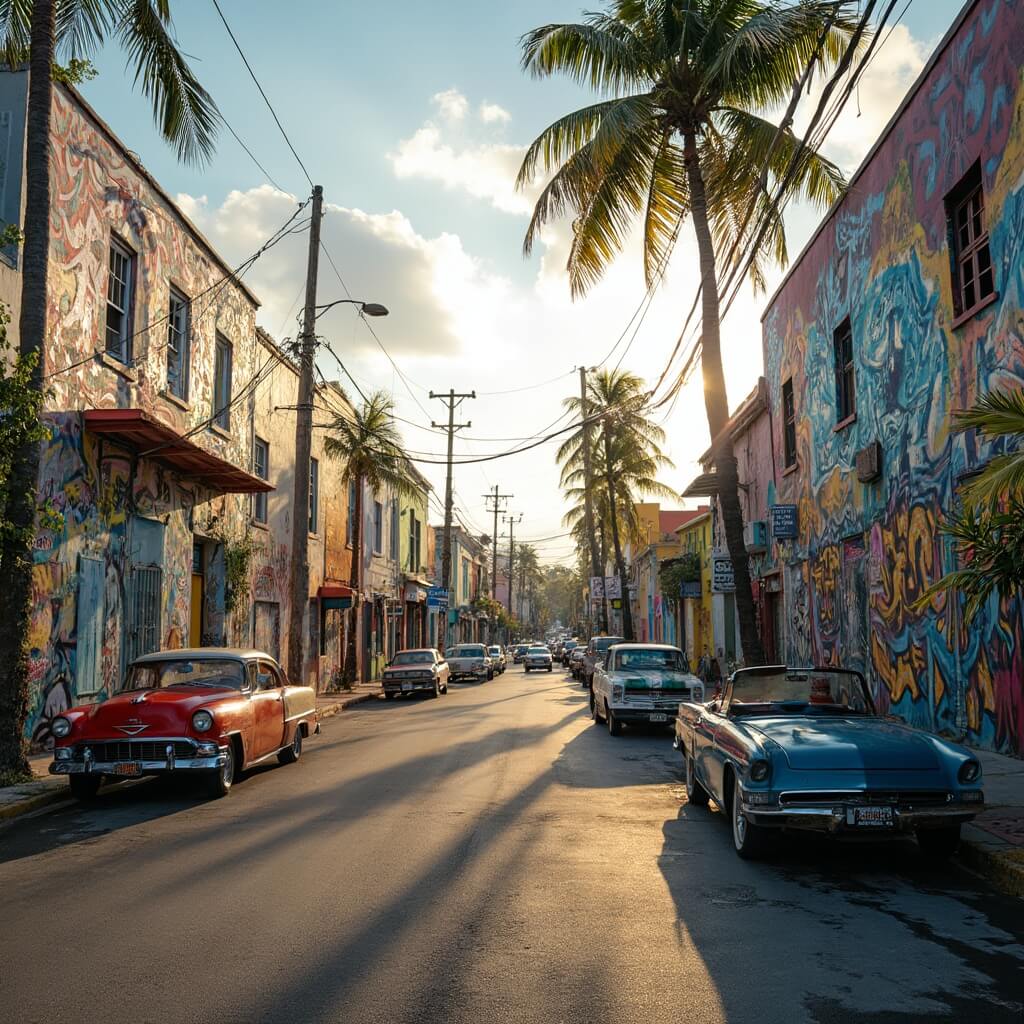 Colorful graffiti murals on Wynwood Art District streets with vintage cars, tropical plants, and striking afternoon shadows, devoid of people