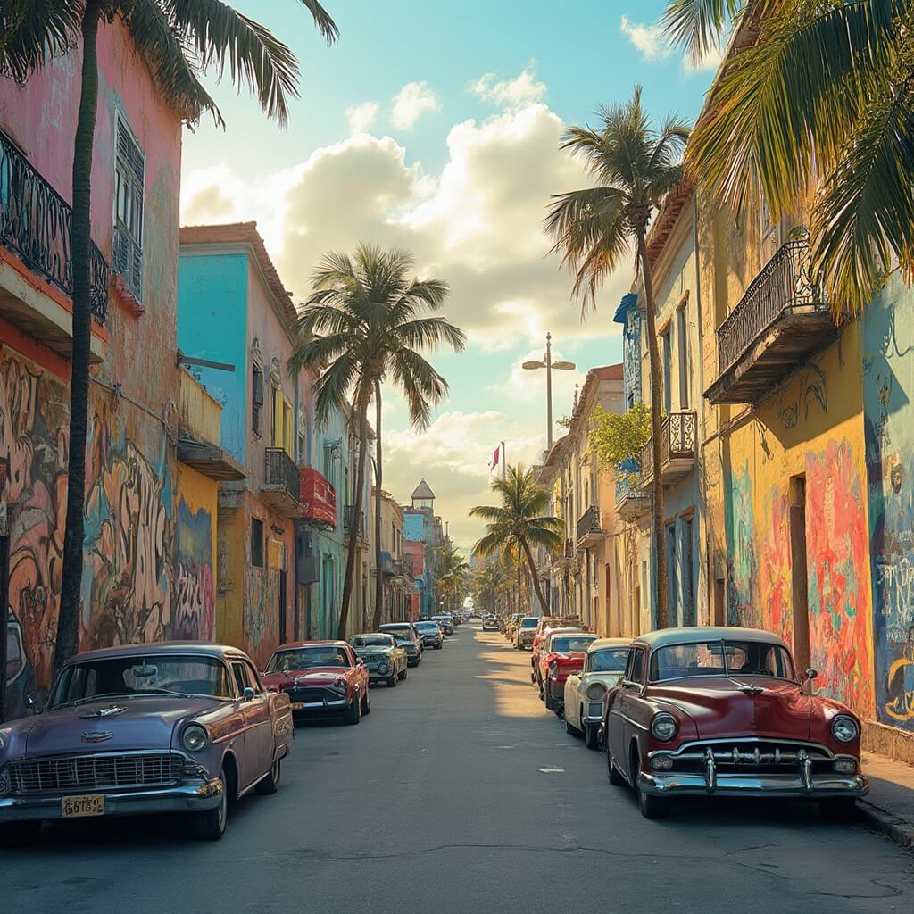 Colorful graffiti murals on buildings in Wynwood Art District with vintage classic cars, palm trees, and Cuban architecture in golden afternoon light