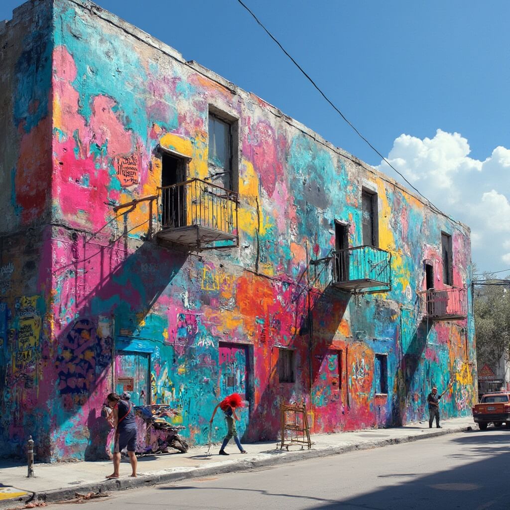 Colorful street art mural covering entire building in Wynwood Arts District, artists painting in bright daylight, devoid of people