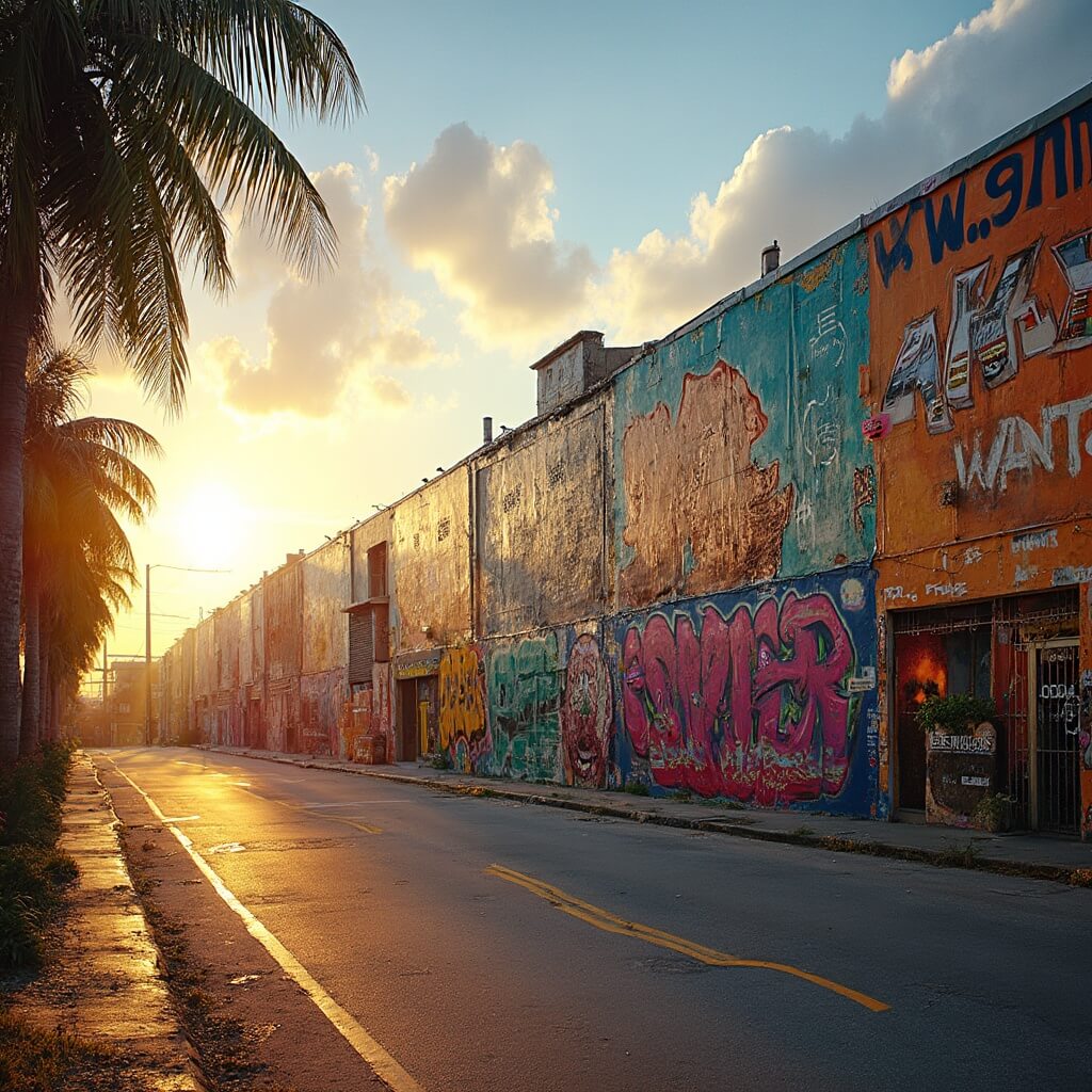 Panoramic view of vivid graffiti murals on Wynwood Walls at golden hour with palm trees' long shadows and tropical plants foreground